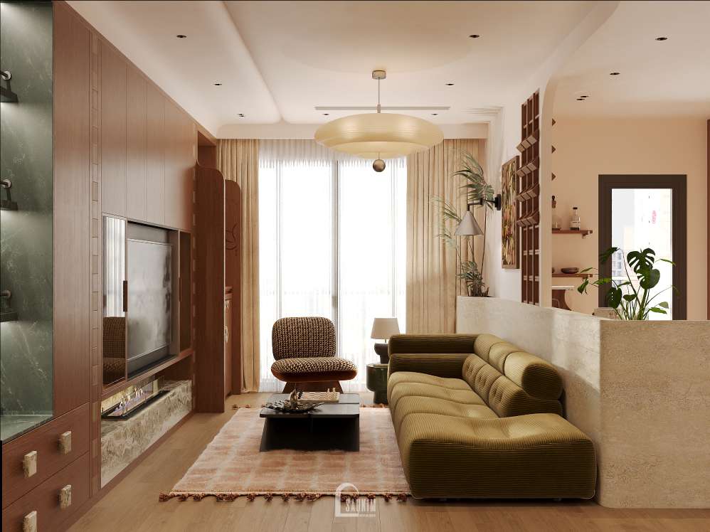 Thiết kế phòng khách đậm chất Mid-Century tại chung cư 3 ngủ Viha Complex Leciva